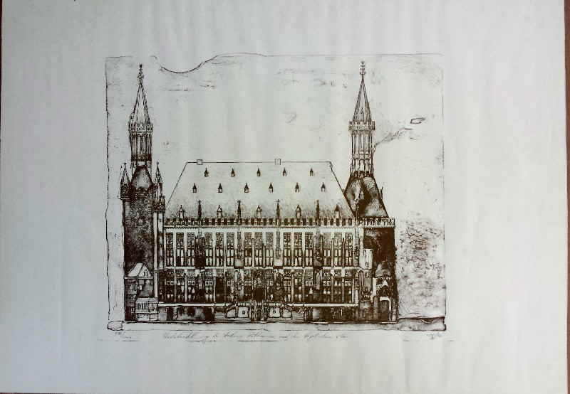 Leo Hugot Wiederherstellung des Aachener Rathauses Lithographie _130652x