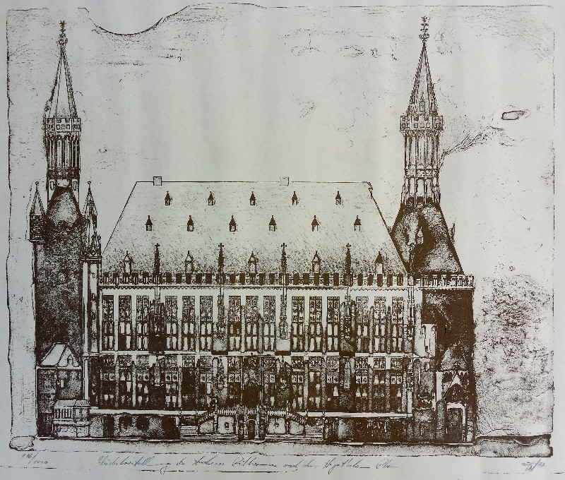 Leo Hugot Wiederherstellung des Aachener Rathauses Lithographie _130658x