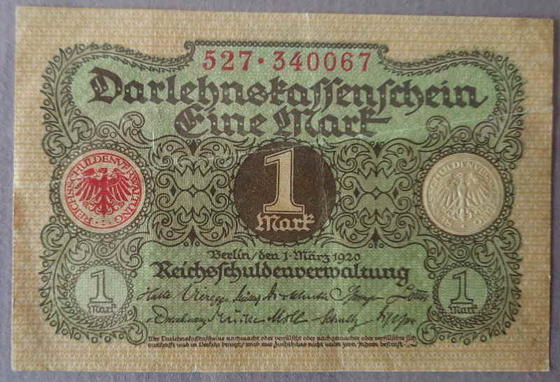 Banknote, Darlehenskassenschein 1 Mark vom 01.03.1920  952x