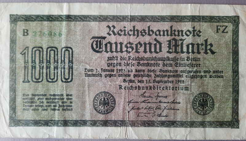 Reichsbanknote 1000 Mark vom 15. September 1922 955x