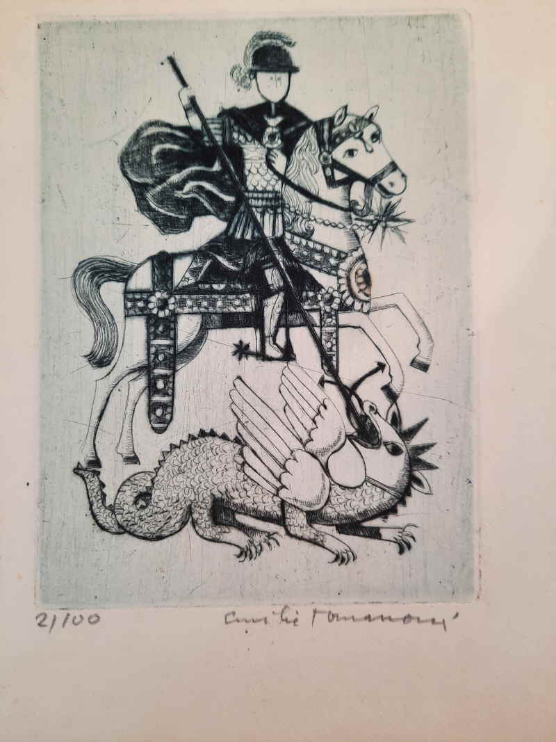 Emilie Tomanova Radierung Drachentöter Hl. Georg Socha sv. Jiri  49x
