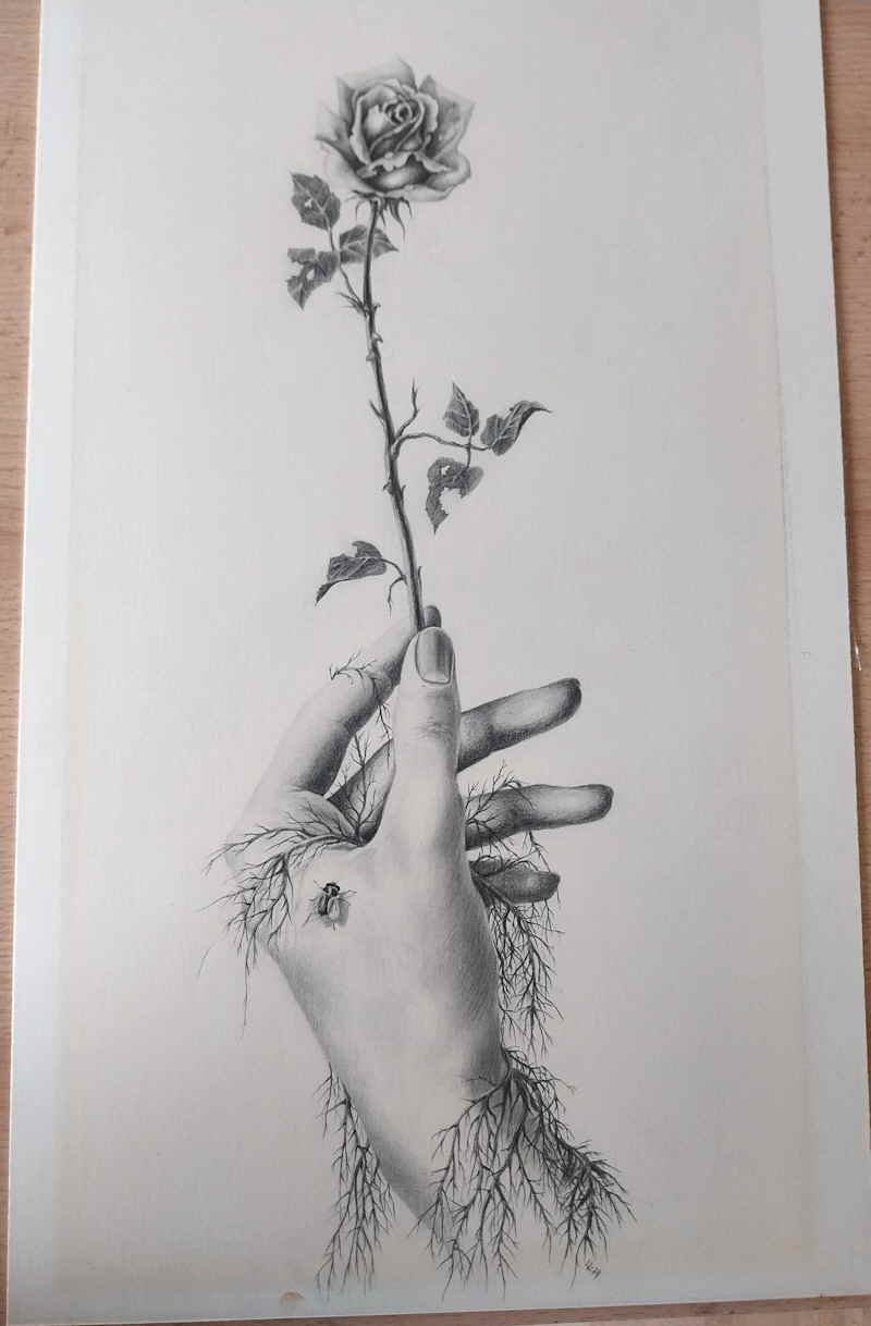 Hand mit Rose Bleistift Monogramm LL 100038x