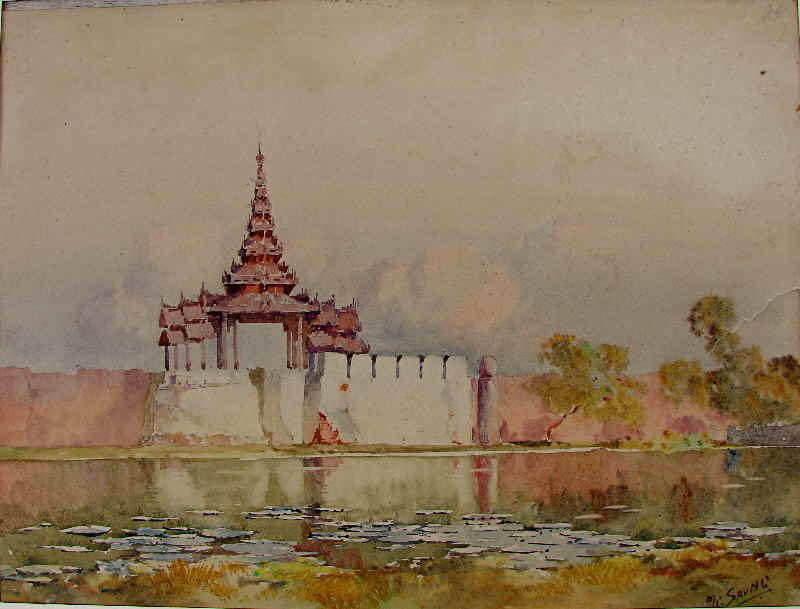 M Savni Britisch Indien  Tempel Aquarell 3723X